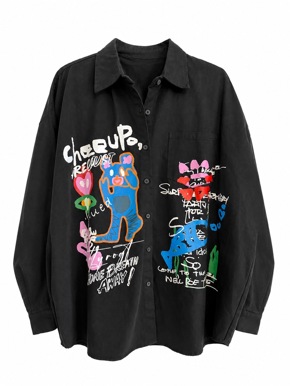 Black denim jacket with Colorful Graffiti Print purchased in Kyoto Japan